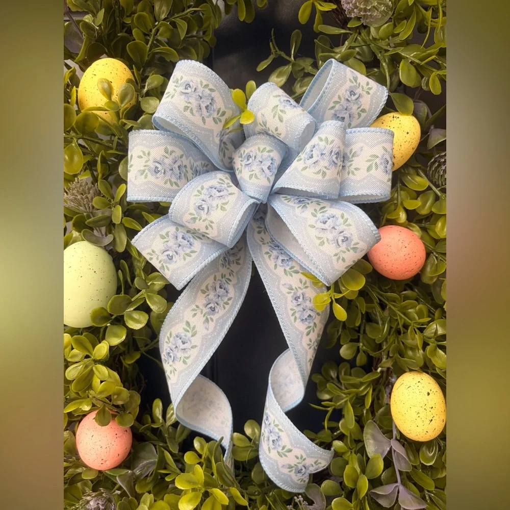 Handmade Boxwood Easter Bunny Wreath with Pastel Eggs and Blue Bow 28” x 13”